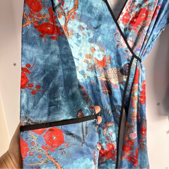 Beautiful Kimono maxi dress teal floral stain design dress feitong EUC - Picture 8 of 9